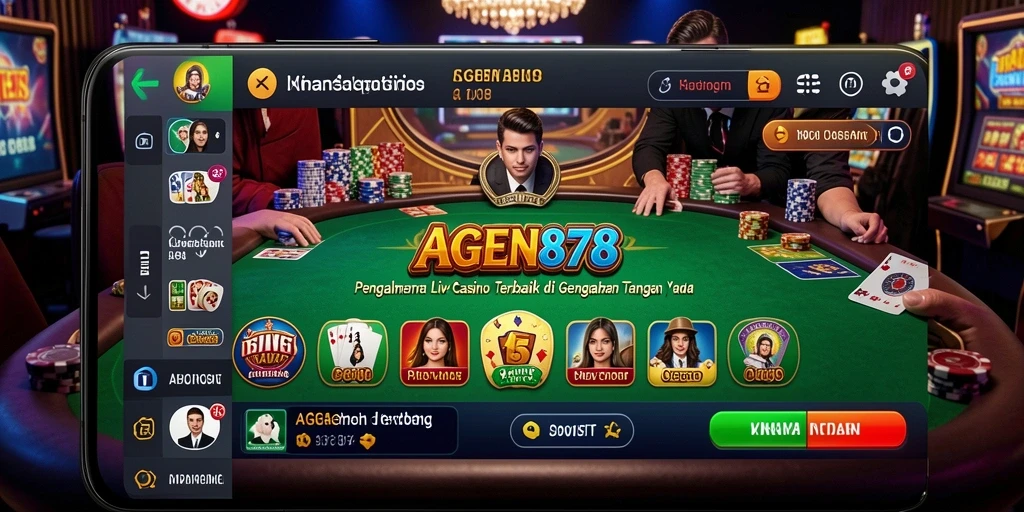 Screenshot AGEN878 menampilkan dealer langsung dan suasana kasino yang mendebarkan.