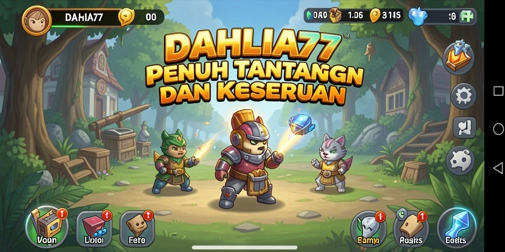 Screenshot gameplay DAHLIA77 yang menunjukkan karakter dan misi Idle.