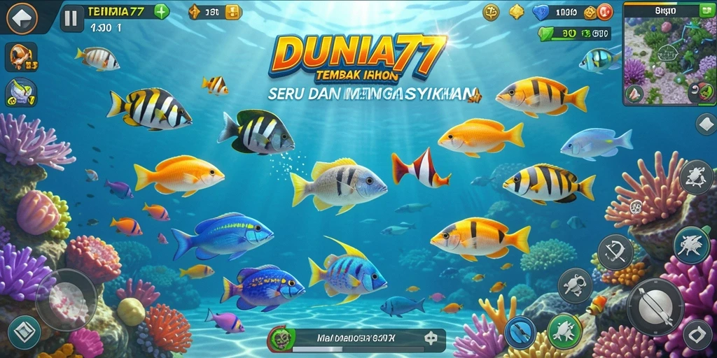 Screenshot gameplay DUNIA77 menampilkan aksi seru menembak ikan.