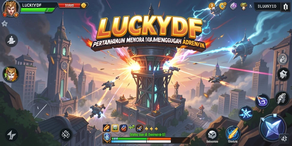 Tampilan gameplay LUCKYDF dengan menara bertahan dan gelombang musuh.