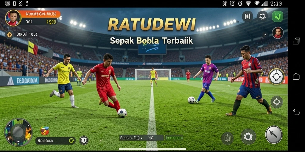 Tampilan gameplay seru dari RATUDEWI dengan aksi sepak bola yang menegangkan.