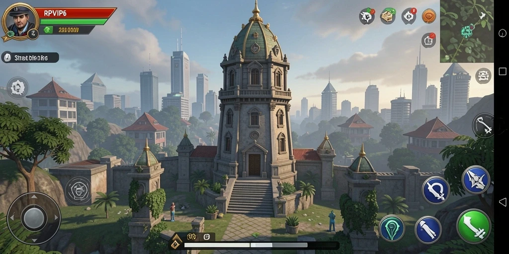 Screenshot gameplay RPVIP6 menampilkan menara yang siap bertempur.