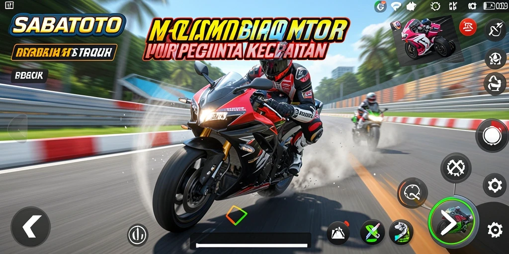 Screenshot SABATOTO menampilkan aksi balap motor yang menegangkan dan mendebarkan.