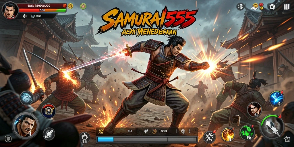 Tangkapan layar SAMURAI555 menampilkan aksi pertarungan yang intens dan grafis menawan.