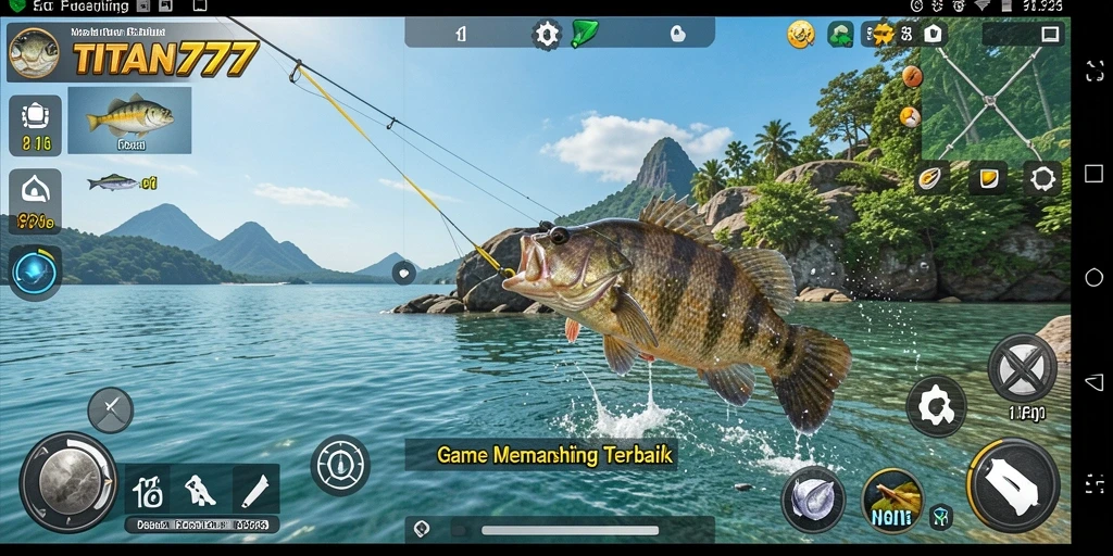Gameplay seru dalam TITAN777 saat memancing di danau yang indah.